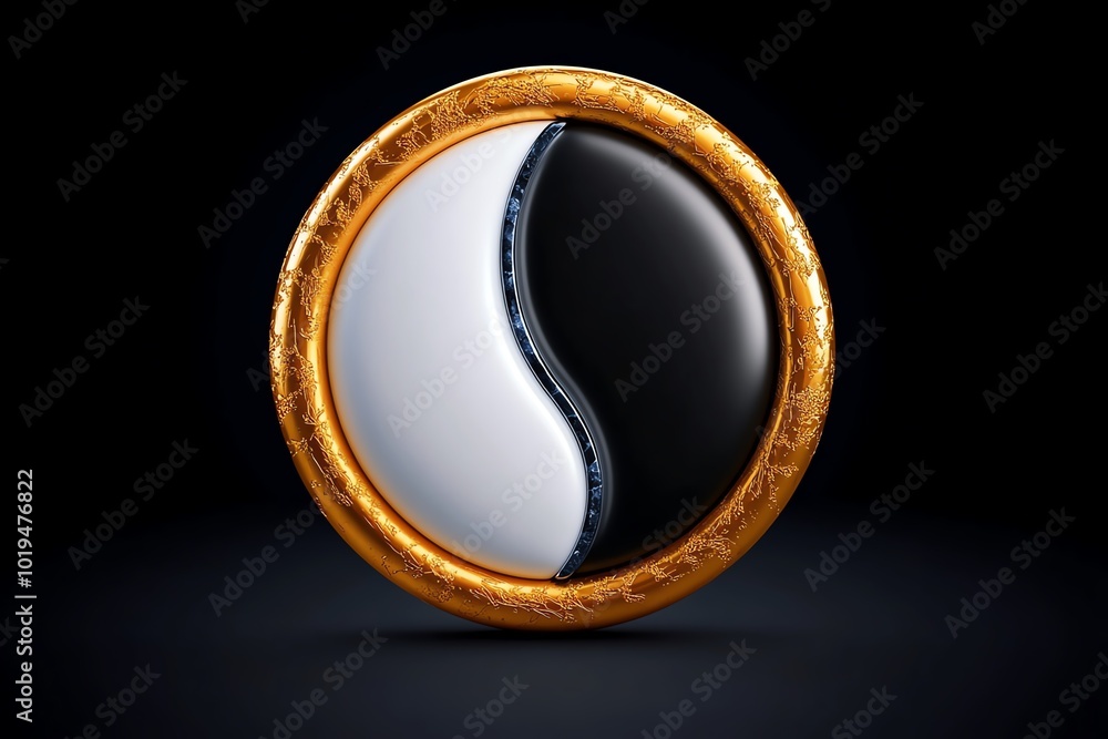 Poster Minimalist icon of a split circle, half light and half dark, representing the concept of dualism in a simplified form