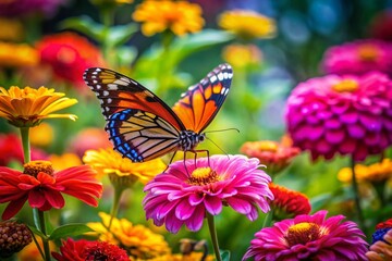 Fototapeta premium Vibrant Butterfly Resting on Colorful Flowers in a Lush Garden Under Bright Sunny Skies