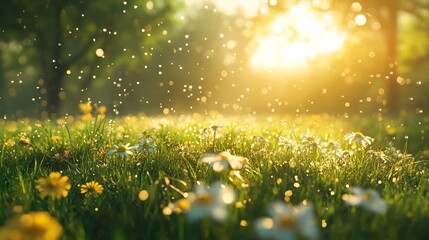 Fototapeta premium Sunlit Meadow with Daisies and Golden Bokeh