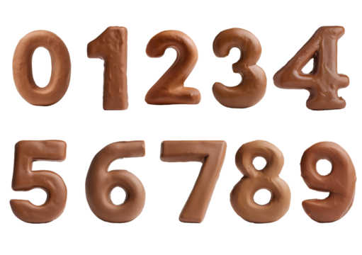 3D clay alphabet 0-9 isolated on transparent or white background