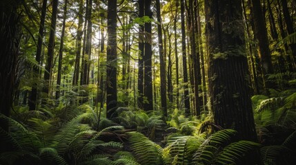 The redwoods forest, rotorua, north island, New Zealand. Tall trees. Forest image. Natural landscape image of jungle