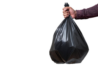 A man's hand holds out a rubbish bag isolated on transparent or white background