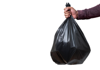 A man's hand holds out a rubbish bag isolated on transparent or white background