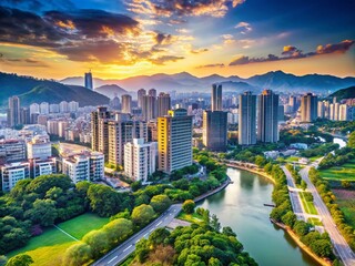 Naklejka premium Vibrant Cityscape of Wenzhou, China Showcasing Modern Architecture and Natural Landscapes