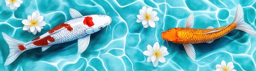Tranquil Koi Fish Watercolor Illustration of Peace and Harmony in Serene Pond