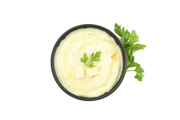 PNG, Mashed potatoes in bowl and sprig of parsley, isolated on white background, top view