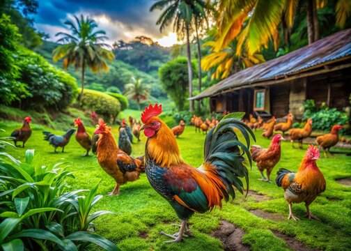 Vibrant Cochinchin Chickens in a Lush Green Farmyard Setting Surrounded by Nature's Beauty