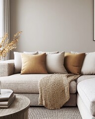 Cozy living room with sectional sofa, throw blanket, and pillows.