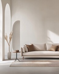 Minimalist living room interior with a beige sofa, a brown rug, and a vase with dried flowers.