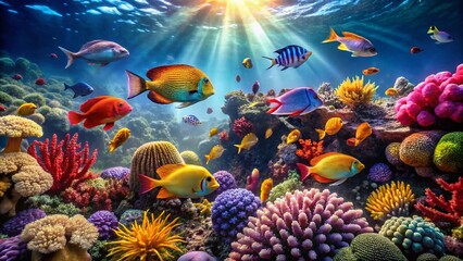 Vibrant Coral Reef with Diverse Tropical Fish Swimming in Crystal Clear Ocean Waters Under Sunlight