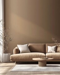 Minimalist living room interior with a brown sofa, white pillows, and a wooden coffee table.