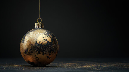 gold ball christmas ornament black background with space for Christmas greeting text