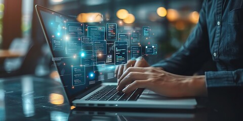Businessman working on laptop in modern office with double exposure of binary code.