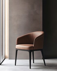 Modern brown leather armchair with black legs against a grey wall.