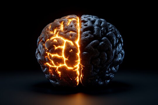 Realistic depiction of a brain split into two hemispheres, one side glowing brightly and the other in darkness, symbolizing the dualism of reason and emotion