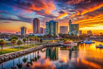 Fototapeta premium Vibrant Downtown Long Beach Skyline with Modern Architecture and Scenic Coastal Views at Sunset