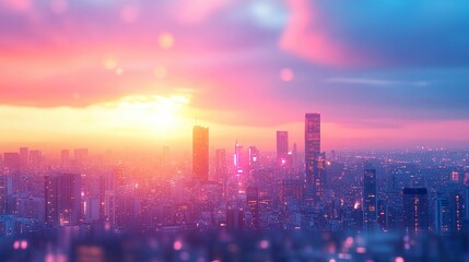 Fototapeta premium A Vibrant City Skyline Bathed in a Pink and Orange Sunset Glow