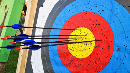 Close-up of a target with arrows shot into it