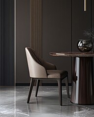 Modern dining room chair with wooden legs and leather upholstery.