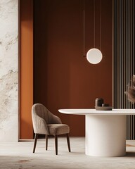 Modern interior design with a round table, chair and pendant light in a minimalist style.