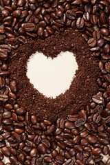 Creative photography top view of coffee beans, placed in the shape of a heart