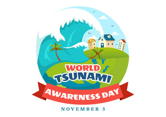 World Tsunami Awareness Day Vector Illustration on November 5, featuring Waves Crashing into Houses, Trees, and Buildings in a Flat Style Background