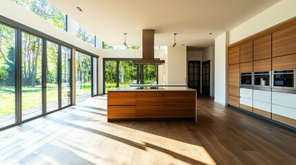 Beautiful Modern Kitchen. An empty modern kitchen with a large island, high-end appliances, and natural light, perfect for real estate or home renovation ads.