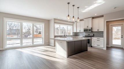Fototapeta premium Beautiful Modern Kitchen. An empty modern kitchen with a large island, high-end appliances, and natural light, perfect for real estate or home renovation ads.