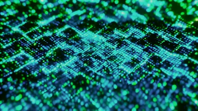 Abstract digital representation of data flow with glowing blue and green grid patterns.