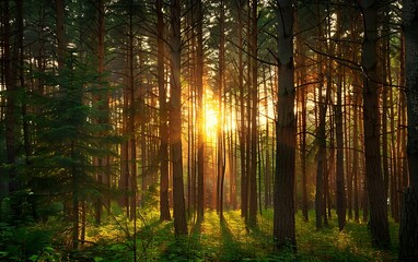 Fototapeta premium Pine forest in the fog at sunrise. illustration.