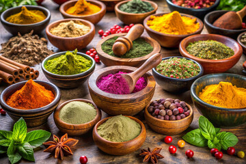 Ayurvedic medicinal powders in clay bowls, arranged with holistic healing tools