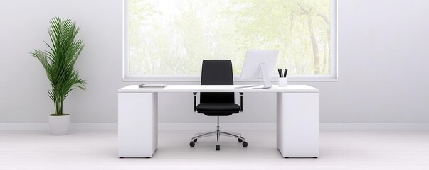 Minimalist home office with a white desk, sleek black chair, large window, clean lines, simple decor, open airy feel, photorealistic interior design shot