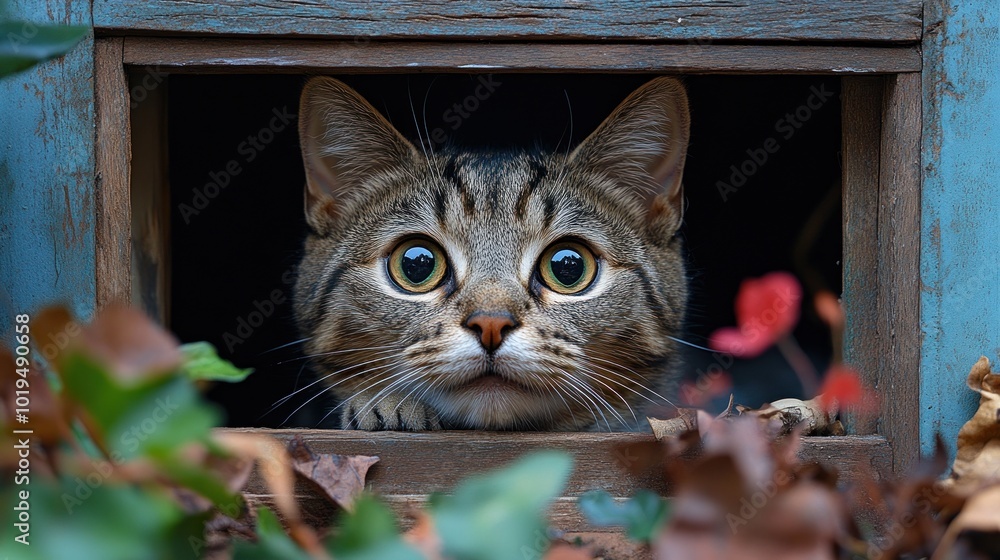 Poster a curious cat peering through a window surrounded by foliage.