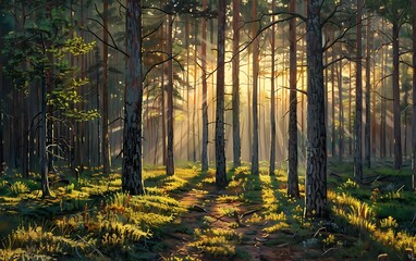 Obraz premium Pine forest in the fog at sunrise. illustration.