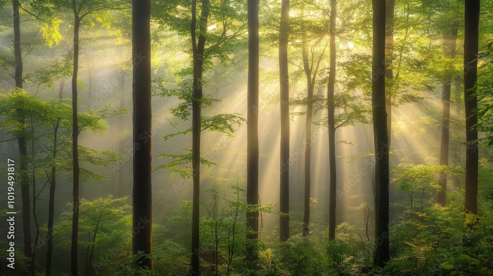 Poster sunlight filters through trees in a serene forest, creating a peaceful atmosphere.