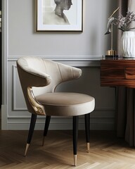 A beige velvet armchair with gold accents and black legs.