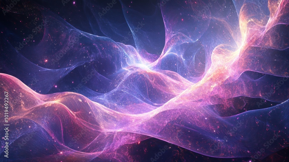 Poster abstract digital artwork featuring colorful waves and light patterns in a cosmic atmosphere.