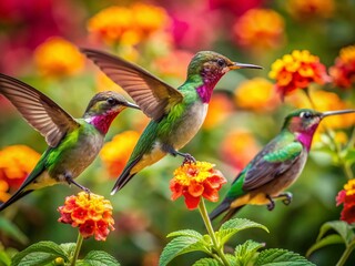 Fototapeta premium Vibrant Hummingbirds Feeding on Colorful Flowers in South Texas Natural Habitat and Scenic Landscape