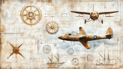 Fototapeta premium Vintage Aircraft and Nautical Elements Collage Art
