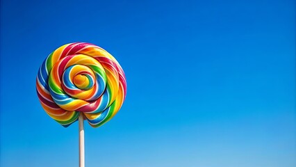 A vibrant spiral lollipop on a stick against a clear blue sky, a symbol of sweetness and pure joy.