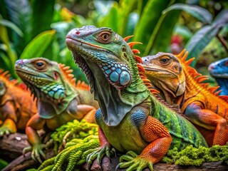 Obraz premium Vibrant Iguanas in Their Natural Habitat: Colorful Reptiles Relaxing in the Lush Green Environment