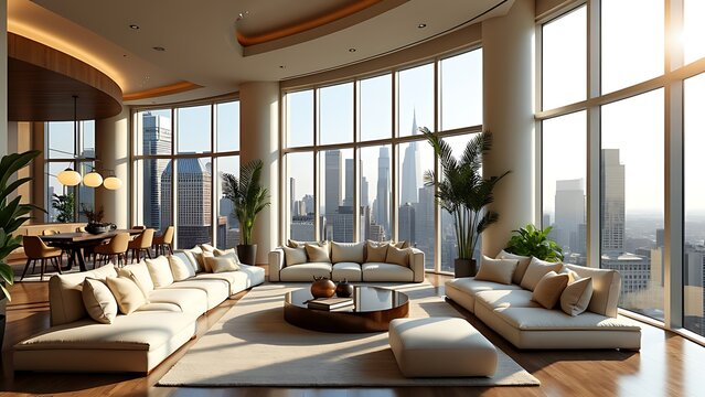 luxury architecture house in Dubai, 3d interior of contemporary art deco living dining room, modern expensive designer furniture, big glass windows, city skyline skyscraper, landmark tower background.