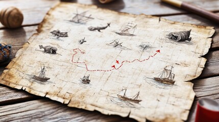 Vintage Treasure Map on Rustic Wooden Table