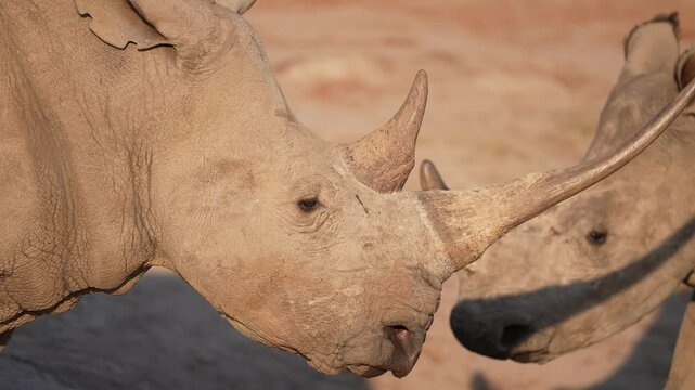 African Southern White Rhino with very large horns in South Africa. Threatened by the ivory poaching trade. Slow motion, 25% natural speed.