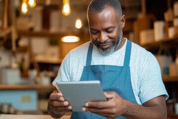 Elderly Black man learning woodworking in a home workshop, promoting health and wellness