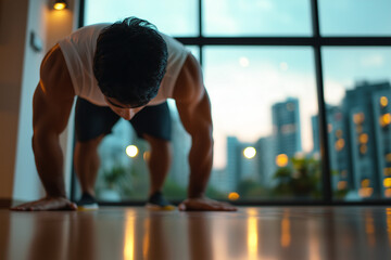 Fototapeta premium Indian man doing a workout in a modern urban apartment, promoting health and fitness