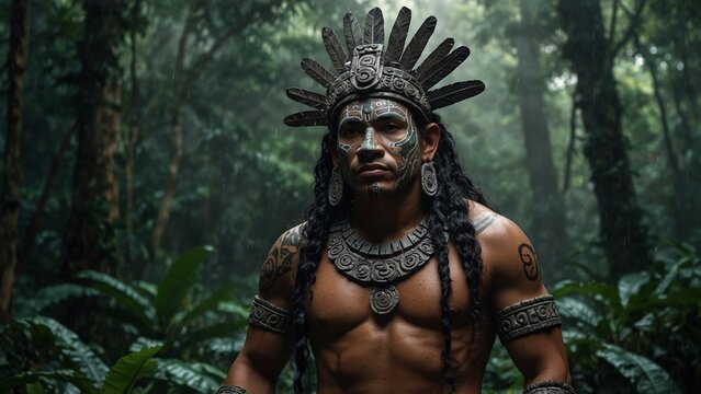 Depict Chaac, the Mayan rain god, holding a rain staff, set against tropical rainforests and abundant rivers, symbolizing rain and the nourishment of life.