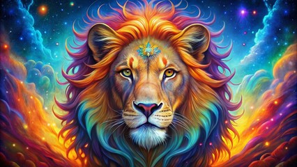 Fototapeta premium Vibrant Leo Zodiac Sign Illustration Featuring Bold Colors and Astrological Elements on a Canvas