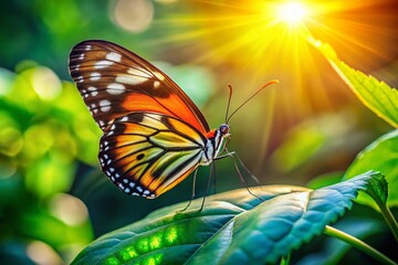Fototapeta premium Vibrant Line Butterfly Perched on a Green Leaf in a Sunlit Natural Environment, Macro Photography
