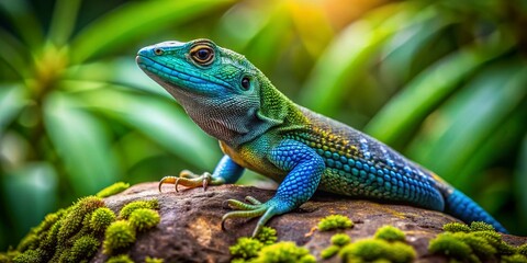Fototapeta premium Vibrant Lizard with Striking Blue Belly Resting on a Rock Amidst Green Foliage in Nature